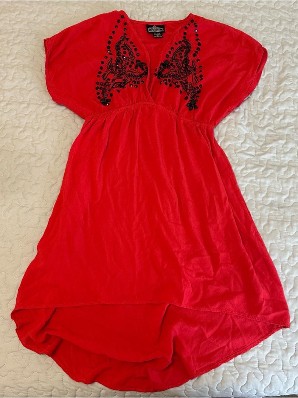 Y2K Red Beaded Embroidery Detail Boho Women’s Mini Dress